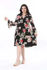 Kadın Büyük Beden Siyah V Yakalı Uzun Kollu Katlı Elbise 65N37944