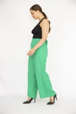 Kadın Yeşil Büyük Beden Beli Lastikli Geniş Paça Aeorobin Kumaş Pantolon