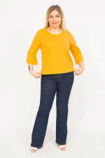 Kadın Hardal Büyük Beden Pamuklu Kumaş Kolları Süs Düğmeli Kapri Kollu Bluz 65N35766