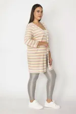 Kadın Kemik Pamuklu Kumaş Çizgili Hırka 65N29664