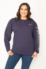 Women's Navy Blue Cotton Fabric Sleeve Applique Sweatshirt 65N31025