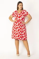 WOMEN'S RED WRAPPED COLLAR FLORAL PATTERNED VISCOSE DRESS