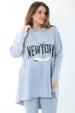 Kadın Büyük Beden Mavi Payet Detaylı Arkası Uzun Kapşonlu Sweatshirt 65N37463