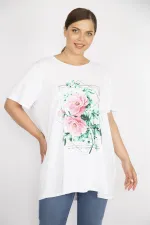 Kadın Beyaz Büyük Beden Rahat Kesim Bisiklet Yakalı Ön Baskılı Tunik