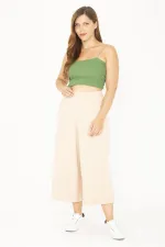 Kadın Büyük Beden Bej Geniş Paçalı Beli Lastikli Yan Cepli Viskon Pantolon 65N36807