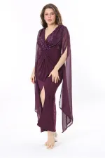 Kadın Büyük Beden Mürdüm Payet Ve Göğüs Büzgü Detaylı Kolları Şifon Elbise 65N37963