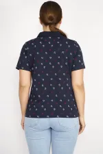 Kadın Lacivert Büyük Beden Pamuk Kumaş Marin Desen Polo Yakalı Kısa Kollu Bluz