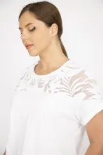 Kadın Beyaz Büyük Beden Pamuk Kumaş Robası Tül Aplike Uzun Bluz