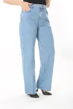 Kadın Büyük Beden Mavi Yırtık Detaylı Yüksek Bel Kot Pantolon 65N38076