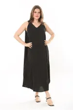Kadın Büyük Beden Siyah Yan Boy Ayarlı Kolsuz Uzun Elbise 65N37885