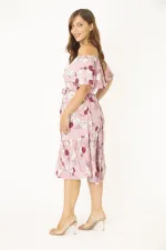 Kadın Büyük Beden Pembe Dokuma Viskon Kumaş Yakası Lastik Ve Volan Detaylı Elbise 65N36783