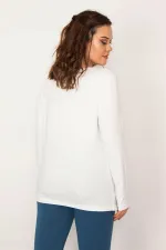 Kadın Beyaz Pamuklu Kumaş Bisiklet Yaka Uzun Kollu Bluz 65N33424