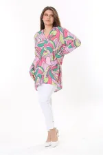 Kadın Büyük Beden Renkli Dokuma Viskon Kumaş Yan Yırtmaçlı V Yakalı Tunik 65N37789