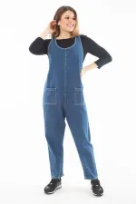 Kadın Büyük Beden Mavi V Yakalı Cepli Kot Tulum 65N37321