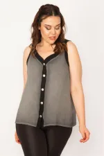 Kadın Füme Kirli Yıkama Çıtçıt Metal Düğmeli Biye Detaylı Bluz 65N33347