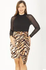 KADIN SİYAH LEOPAR DESENLİ KOLLARI TÜL BEL DRAPELİ ELBİSE