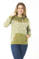 Kadın Büyük Beden Kuşgözü Bağcık Ve Süs Düğme Detaylı Kanguru Cepli Dik Yaka Sweatshirt 65N37122