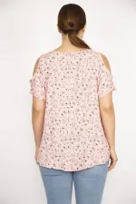 Kadın Pembe Büyük Beden Dokuma Viskon Kumaş Omuz Dekolteli Çiçek Desenli Bluz