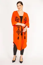 Women's Orange Plus Size Embroidered Detailed Cape