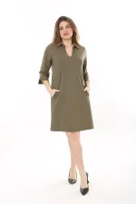 Kadın Büyük Beden Haki V Yakalı Cepli Krep Elbise 65N37658