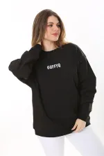 Kadın Büyük Beden Siyah Pamuk Kumaş Nakış Yazılı Sweatshirt 65N37616