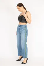 Kadın Mavi Büyük Beden Yan Şeritli 5 Cep Kot Pantolon