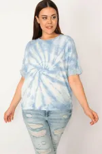 Kadın Mavi Batik Desenli Kol Ağzı Dantel Detaylı Bluz 65N33289