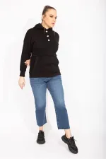 Kadın Siyah İçi Şardonlu 2 İplik Kumaş Ön Pat Düğmeli Kanguru Cep Ve Kapşonlu Sweatshirt 65N35462