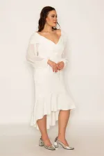 Kadın Kemik Göğüs Drapeli Kolları Şifon Eteği Volanlı Astarlı Abiye Elbise 85N7316