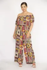 Kadın Bordo Büyük Beden Yaka Beli Lastik Detaylı Dokuma Viskon Kumaş Renkli Tulum