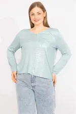 Kadın Yeşil Büyük Beden Sim Ve Baskı Detaylı Bluz 65N35568