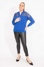 Kadın Saks Robası Dantel Ve Kapşon Detaylı Kanguru Cepli Sweat Shirt 65N35463