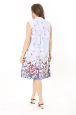 Kadın Büyük Beden Mavi V Yakalı Desenli Kolsuz Elbise 65N37873