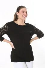 Kadın Büyük Beden Siyah Göğsü Aplike İşli Kolları Dantel Bluz 65N37690