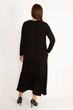 Kadın Siyah Nakış Detaylı Uzun Kollu Katlı Elbise 65N34608