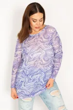 Kadın Lila Likralı Tül Bluz 65N33269