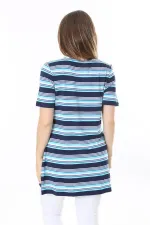 Kadın Büyük Beden Mavi Bisiklet Yakalı Kısa Kollu Çizgili Tunik 65N37850