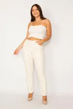 Kadın Bej Ekose Baskılı Likralı 5 Cepli Kot Pantolon 65N34151