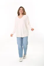 Kadın Büyük Beden Pudra V Yakalı Kendinden Çizgili Uzun Kollu Tunik 65N37527