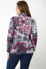 Kadın Büyük Beden Bordo Ön Patı Fermuarlı Uzun Kollu Desenli Bluz 65N37218