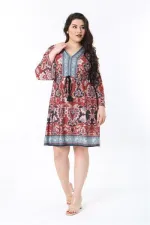 Kadın Büyük Beden Renkli V Yakalı Desenli Elbise 65N38846