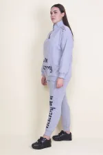 Kadın Gri Pat Fermuar Detaylı Şardonlu Baskılı Eşofman Takım 65N21019