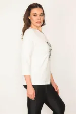 Kadın Kemik Büyük Beden Sim Baskılı Kapri Kol Likralı Bluz 65N35706