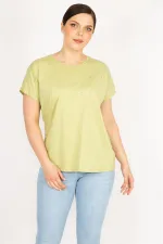 Kadın Yeşil Büyük Beden Pamuklu Kumaş Taş Detaylı Bluz