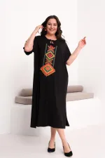 Kadın Büyük Beden Siyah, Nakış Rahat Kesim Elbise 65N39441