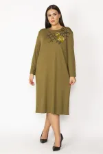 Kadın Haki Nakış Ve Payet Detaylı Uzun Kollu Elbise 65N28729