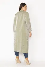 Kadın Siyah Simli Kumaş Kol Ağzı Şifon Detaylı Hakim Yaka Ön Düğmeli Uzun Kap 65N28483