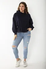 Women's Plus Size Navy Blue Inside-Red Elastic Waist Detailed Hooded Sweatshirt 65N37205