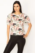 KADIN RENKLİ ÇİÇEK DESENLİ KOL DETAYLI BLUZ