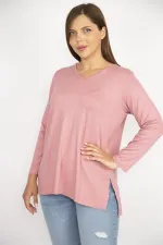 Kadın Somon Büyük Beden V Yakalı Yan Yırtmaçlı Uzun Kollu Bluz